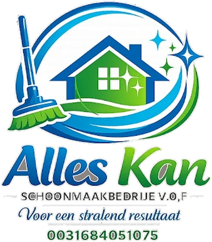 Logo van Alles Kan Schoonmaakbedrijf: een huis met bezem in een blauwe cirkel